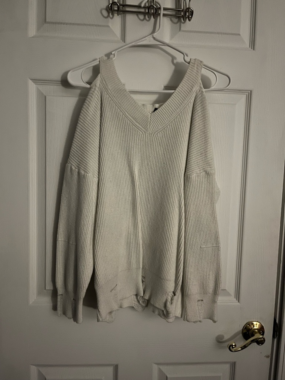 White Ribbed Cold-Shoulder Sweater